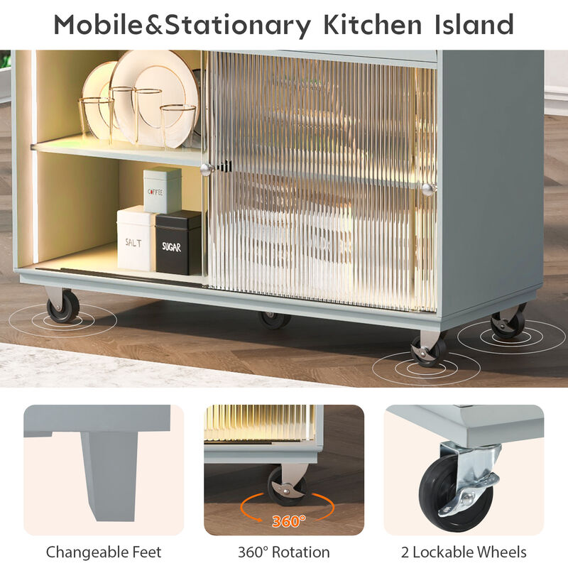 Merax Kitchen Island with Drop Leaf, LED Light Kitchen Cart on Wheels with Power Outlets, 2 Sliding Fluted Glass Doors image number 7