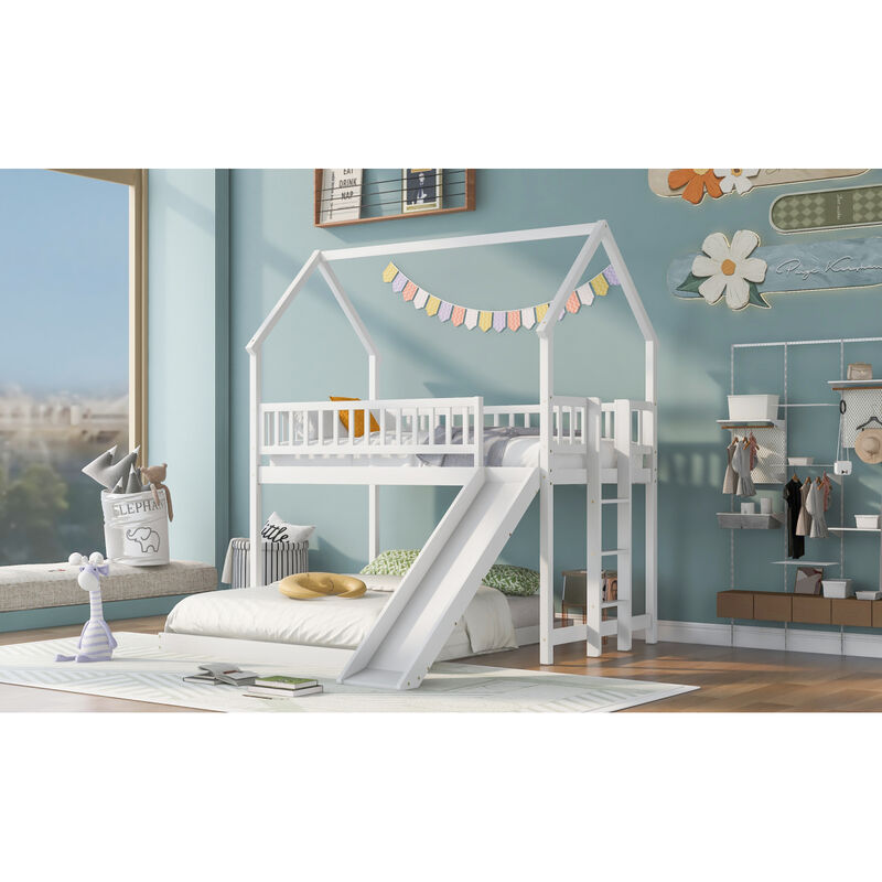Twin Over Full House Bunk Bed With Slide And Built-In Ladder, Full-Length Guardrail, White