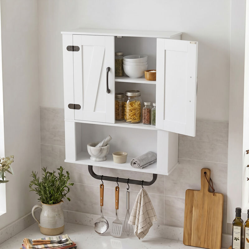 3-Tier Bathroom Wall Cabinet with 2 Barn Doors and Towel Bar image number 4