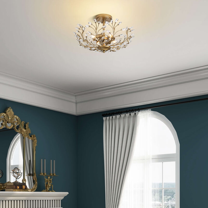 Fleur Brushed Brass 4-light Crystal Beaded 9-Branch Semi-Flush Mount image number 2