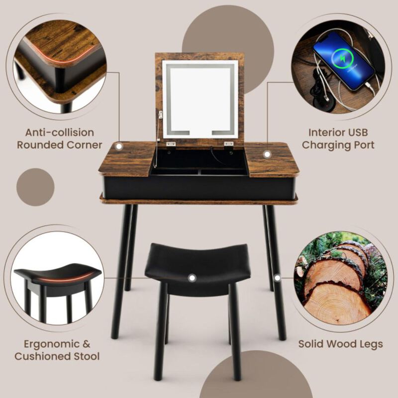Hivvago Vanity Table Set with Flip Top Mirror Lights USB Writing Desk and Stool