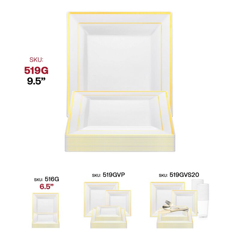 9.5" White with Gold Square Edge Rim Plastic Dinner Plates (120 Plates) image number 5