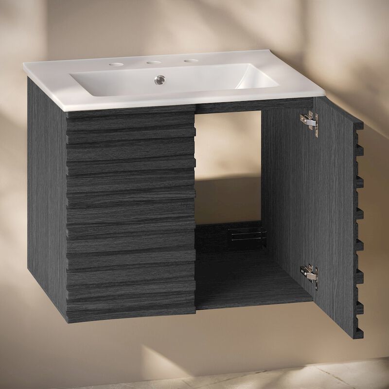 30" Wall-Mounted Bathroom Vanity in Black Oak with 3-Hole Widespread Sink Top image number 3