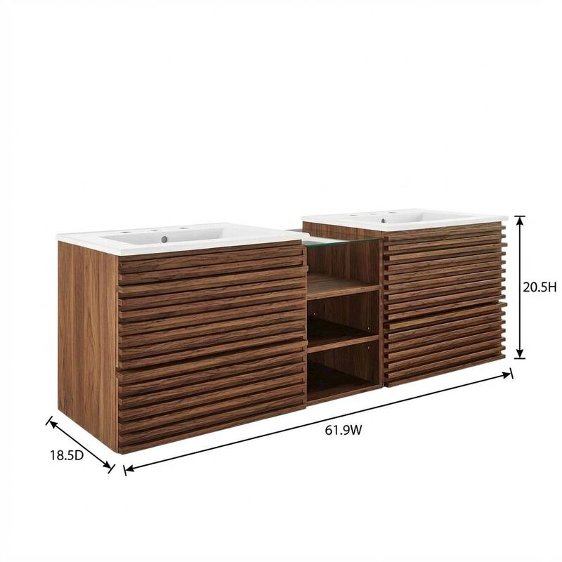 Walnut White 62-Inch Wall-Mount Double Sink Bathroom Vanity image number 2
