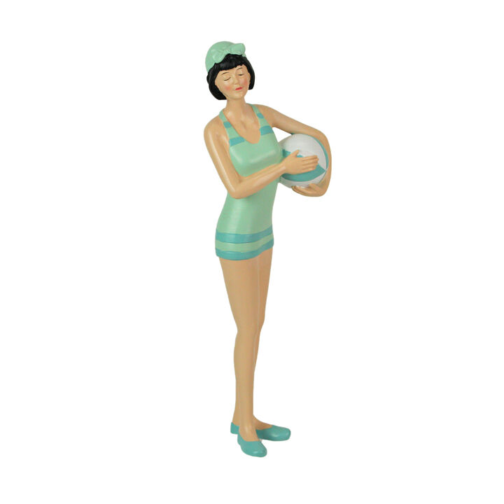Brunette Bathing Beauty Figurine &ndash; Hand-Painted Striped Swimsuit, Coastal Charm