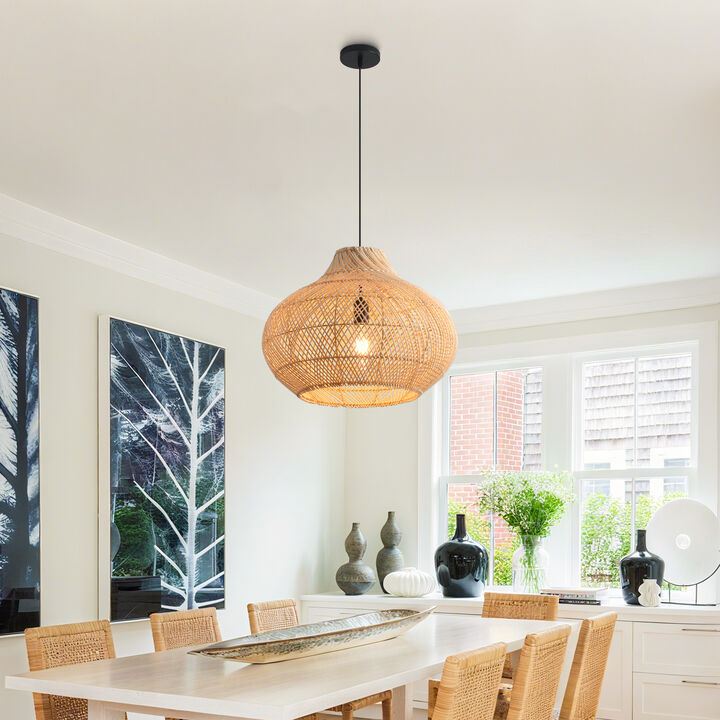 14" Farmhouse Natural Handwoven Rattan Caged Pendant Light for Living Room, Dining Room and Kitchen Island
