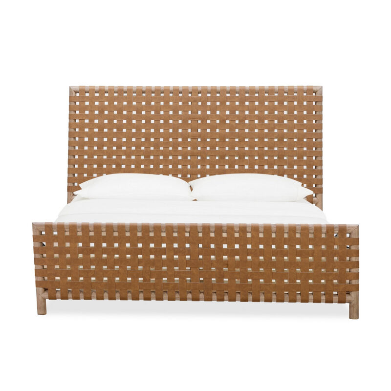 Dory King Size Bed, Hand Woven Headboard, Faux Leather Upholstery, Brown - Benzara