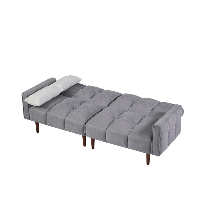 Convertible Futon Sofa Bed, Adjustable Couch Sleeper, Modern Fabric Linen Upholstered Futon Sofa bed with Wooden Legs & 2 Pillows for Apartment, Living Room, Studio. (Grey)