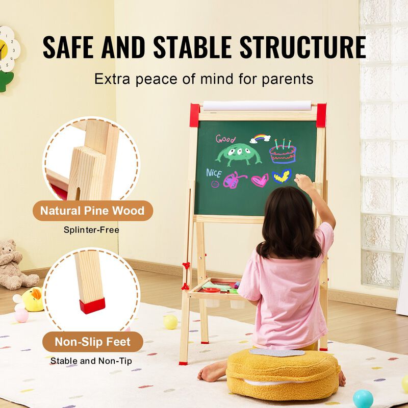 3-in-1 Kids Art Station &ndash; Double-Sided Wooden Easel with Magnetic Whiteboard & Chalkboard, Adjustable Height Drawing Board