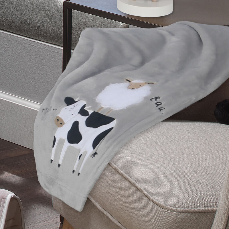 Lambs & Ivy Baby Farm Cow/Sheep Appliqued Gray Luxury Fleece Baby Blanket