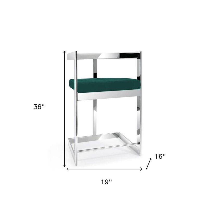 Hivvago 26 Inch Green and Silver Velvet and Stainless Steel Low Back Counter Height Bar Chair