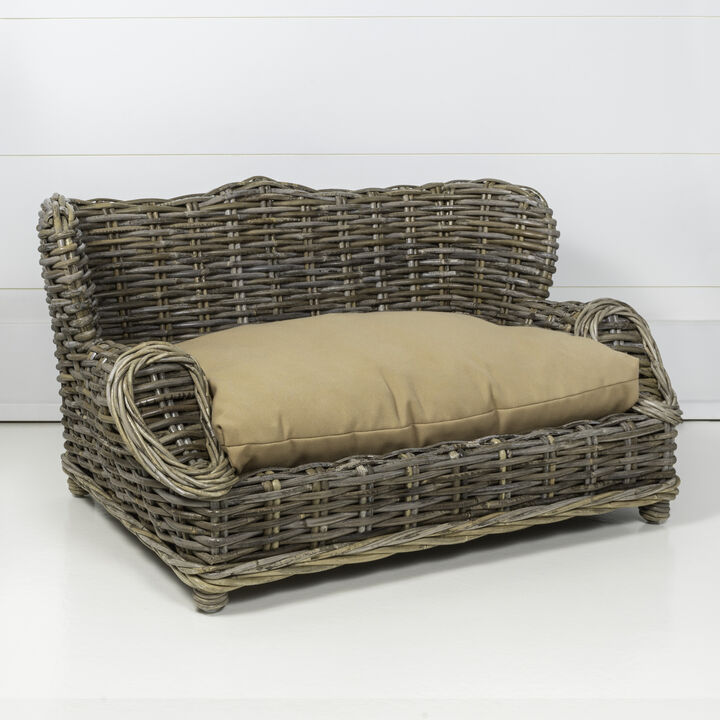 Classic 27.5" x 18" Mediterranean Handwoven Rattan Dog Daybed with Machine-Washable Cushion, Kubu Gray