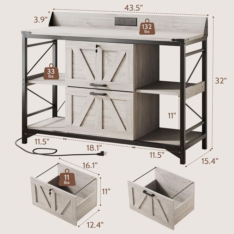 44"W File Cabinet, Lateral Filing Cabinet with 4 Shelves and 2 Drawers, Office Storage Cabinet with Lock & Charging Station, Wooden Printer Stand image number 2