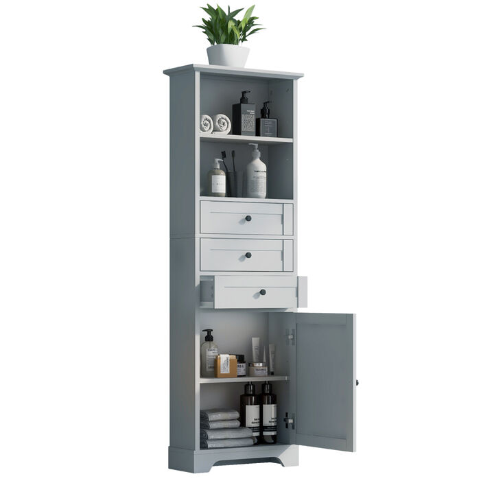 Grey Tall Storage Cabinet with 3 Drawers and Adjustable Shelves for Bathroom, Kitchen and Living Room, MDF Board with Painted Finish