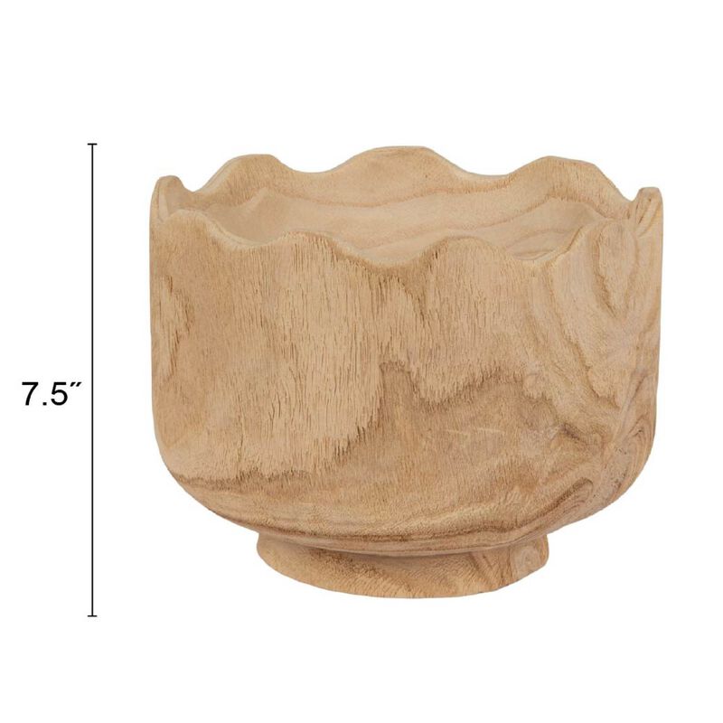 Tall Scalloped Edge Paulownia Wood Decorative Bowl, Natural Finish image number 2