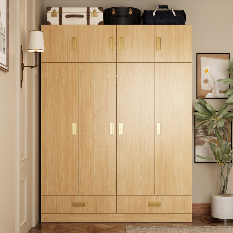 FUFU&GAGA Natural Wood 4-Door Wardrobe, MDF & Rubberwood Construction (63" W x 66.9" H x 18.1" D), Natural Wood Finish image number 1