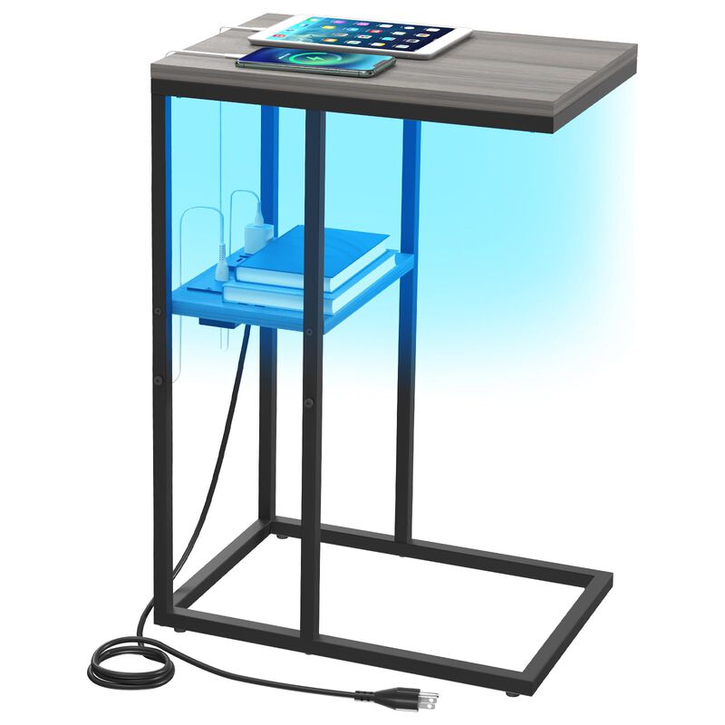 Yoobure LED C Shaped End Table with Charging Station, Small Side Tables for Living Room Bedroom, TV Tray Table with USB Ports an