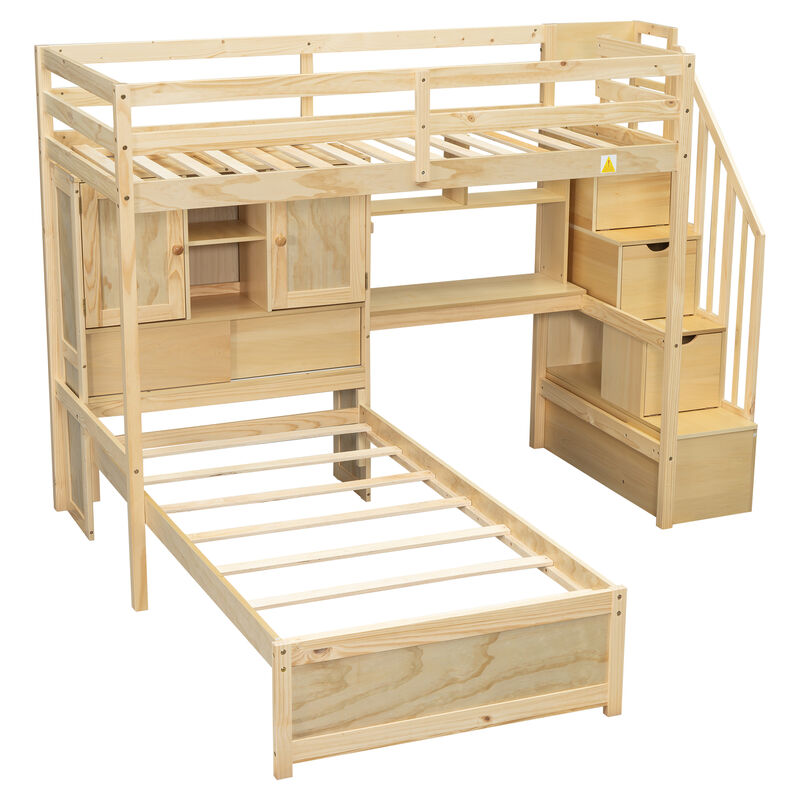 Whisen Twin over Twin Loft Bed with Desk & Staircase, Pine, for Bedroom image number 4