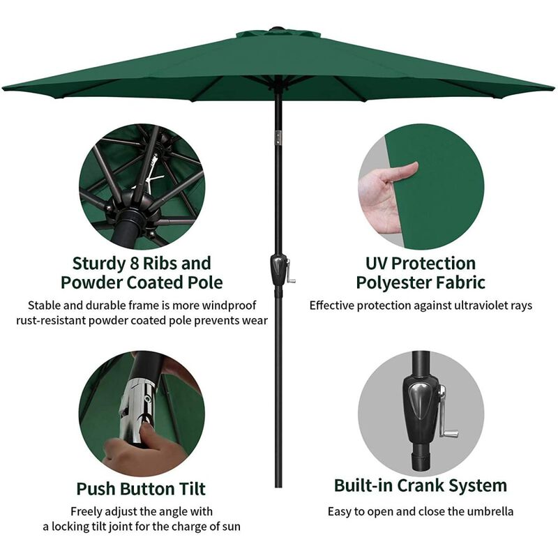 9 ft Outdoor Market Table Patio Umbrella with Button Tilt, Crank and 8 Sturdy Ribs for Garden