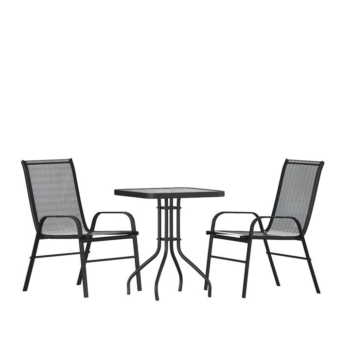 Flash Furniture 3 Piece Set - 23.5" Tempered Glass Patio Table, 2 Gray Stack Chairs