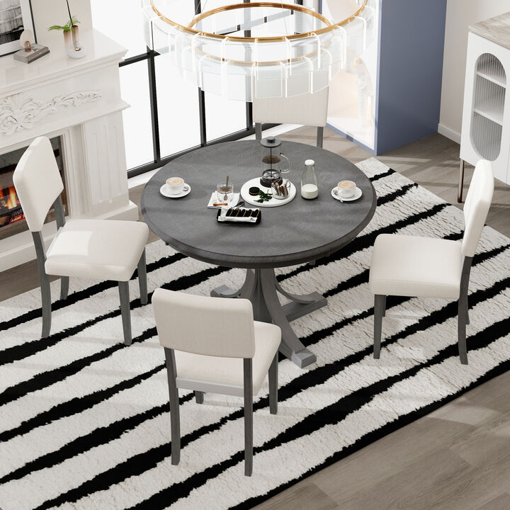 Whisen 5-Piece Retro Round Dining Table Set with Curved Trestle Style Table Legs and 4 Upholstered Chairs - Dark Gray