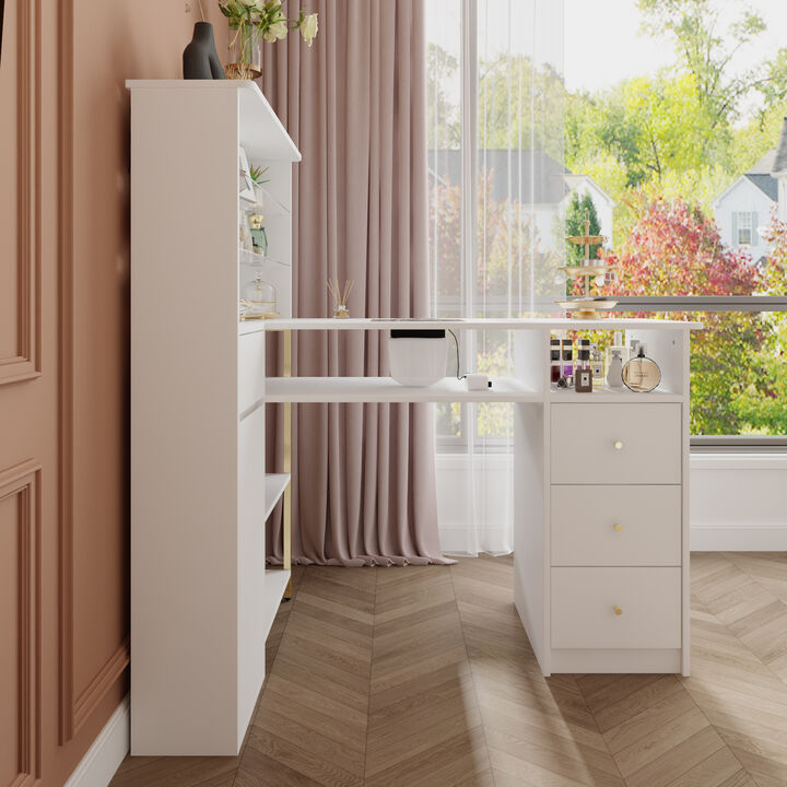 FUFU&GAGA Nail Station with Gold Handles Tempered Glass Top Integrated Vacuum and LED Shelves 47.2''L x 29.5''W x 49.8''H White