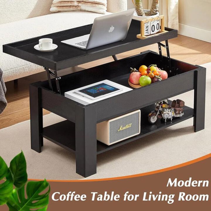 Hivvago Modern Lift Top Coffee Table Laptop Tray with Storage Shelf in Black Wood Finish