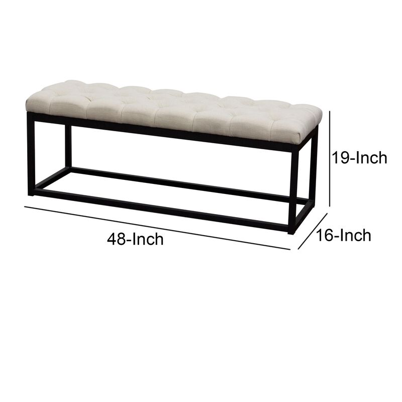 Linen Upholstered Metal Contemporary Bench with Diamond Tuft Details, Beige and Black-Benzara
