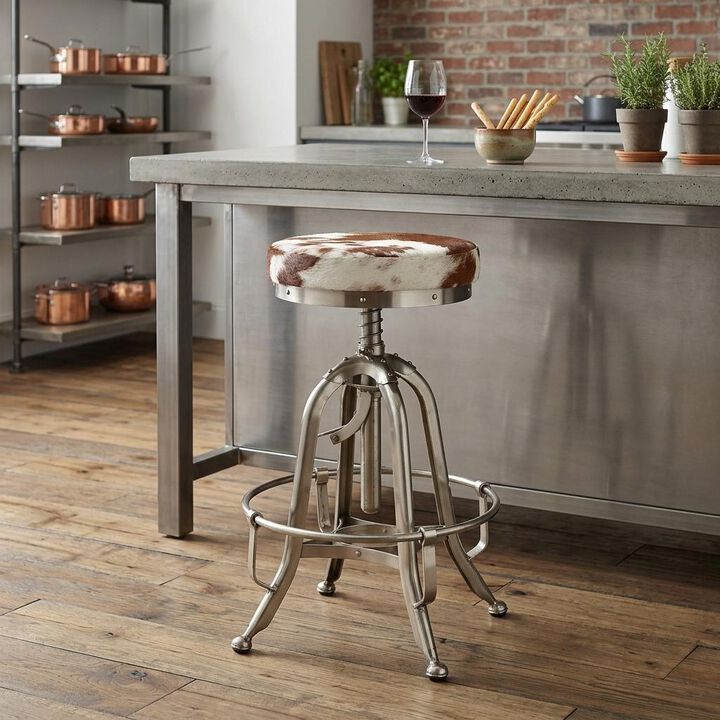 HomeRoots Brown White And Silver Genuine Leather And Iron Backless Swivel Bar Chair