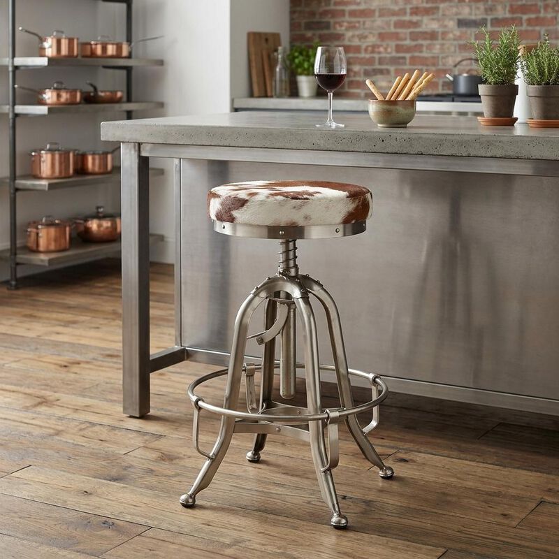 HomeRoots Brown White And Silver Genuine Leather And Iron Backless Swivel Bar Chair image number 1