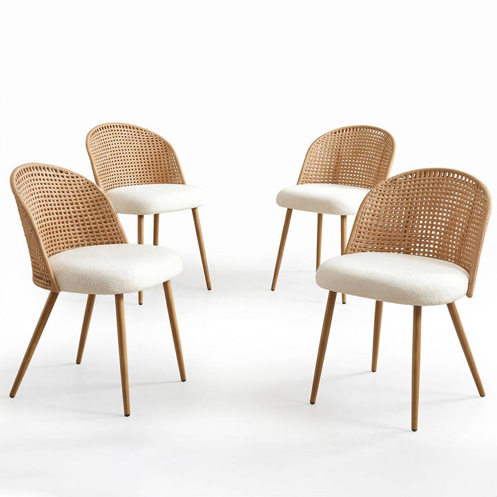 4 Pack Rattan Dining Chairs PE Rattan Woven Back Dining Chairs with Teddy Upholstered Cushions Metal Legs Boho Kitchen Dining Chairs