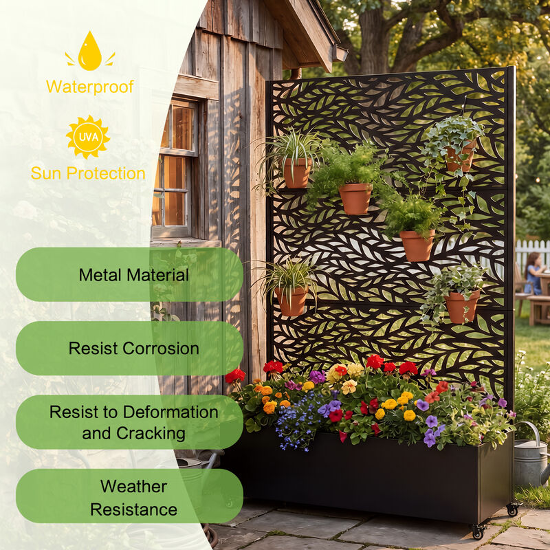 WOW PIONEER Galvanized Metal Raised Garden Bed with Locking Wheels, Trellis and Privacy Screen, Outdoor Planter Box for Climbing Plants Vegetables Vines with Drainage Holes image number 5
