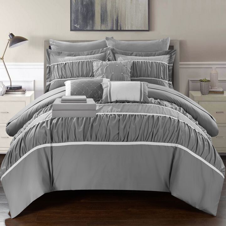 Chic Home Stieg 10 Pieces Comforter Set Complete BIB Pleated Ruched Ruffled Bedding With Sheet Set & Decorative Pillows Shams - Queen 90x90, Grey