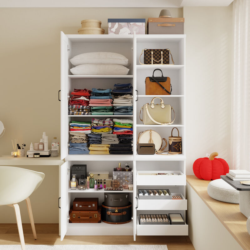 FUFU&GAGA White Lacquered Storage Cabinet with Adjustable Shelves, Open Compartments & Drawers (47.2 in. W x 16.5 D x 78.7 H)