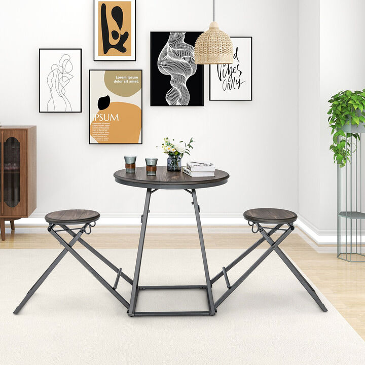 3 Pieces Dining Table Set with 2 Foldable Stools for Small Space-Grey