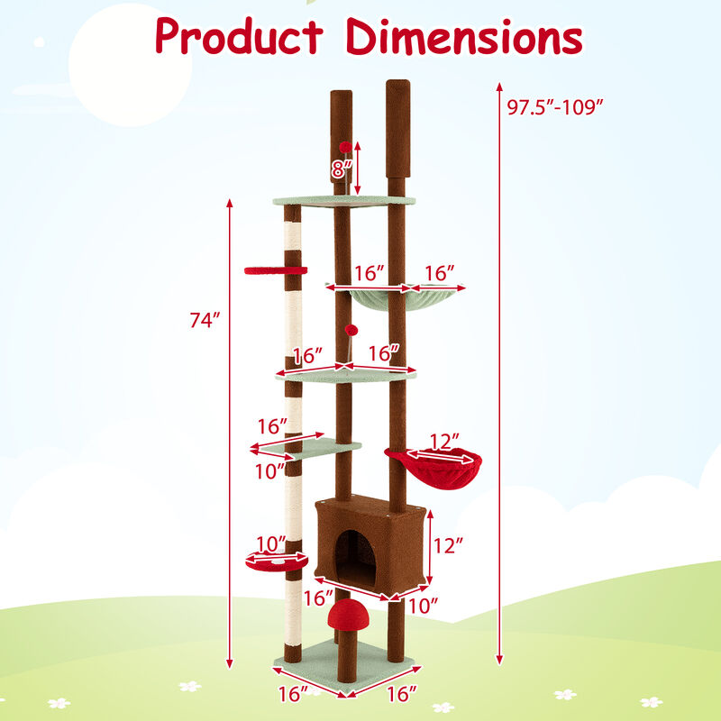 Mushroom Themed Floor to Ceiling Cat Tree with Adjustable Height, Condo, and Hammock-Brown image number 2
