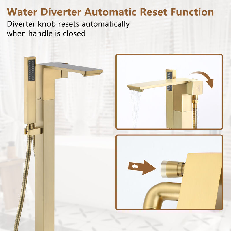 Mondawe 1-Handle Brushed Nickel Floor Mount Freestanding Tub Faucet with Square Hand Shower