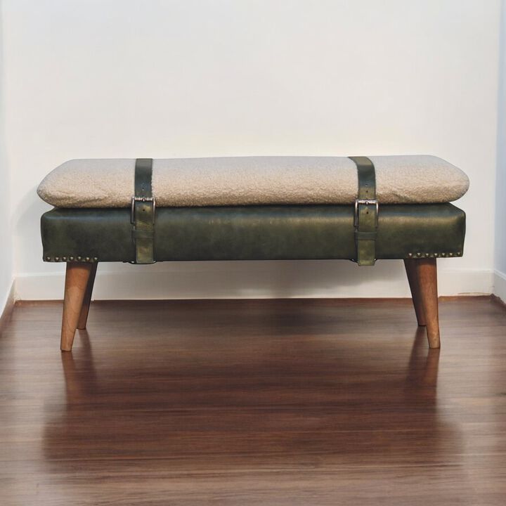 Boucle Buffalo Hide Olive Green Leather Bench