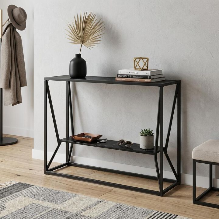 HomeRoots 42" Black Glass and Metal A Frame Console Table With Shelf