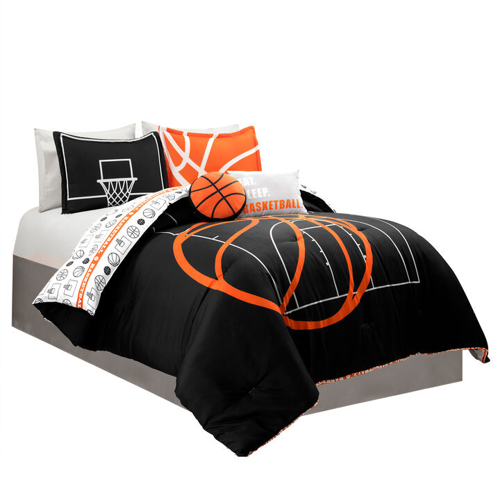 Basketball Game Reversible Oversized 5 Piece Comforter Set - Cozy & Soft Kids Sports Themed Bedding Set - Full/ Queen, Black & Orange