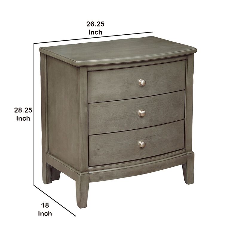Wooden Nightstand with 3 Spacious Drawers and Knobs, Gray - Benzara