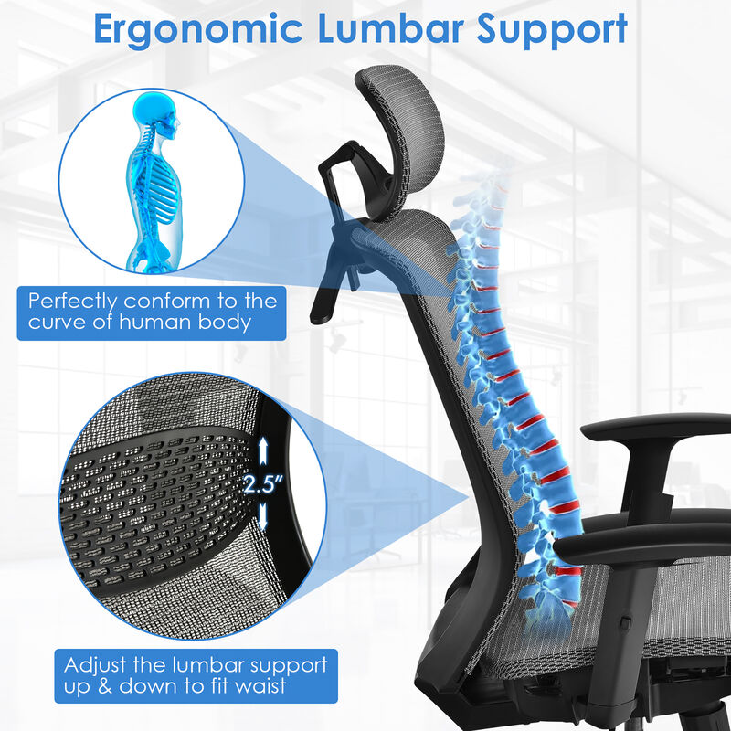 Costway Ergonomic High Back Mesh Office Chair Recliner Task Chair w/Hanger Grey