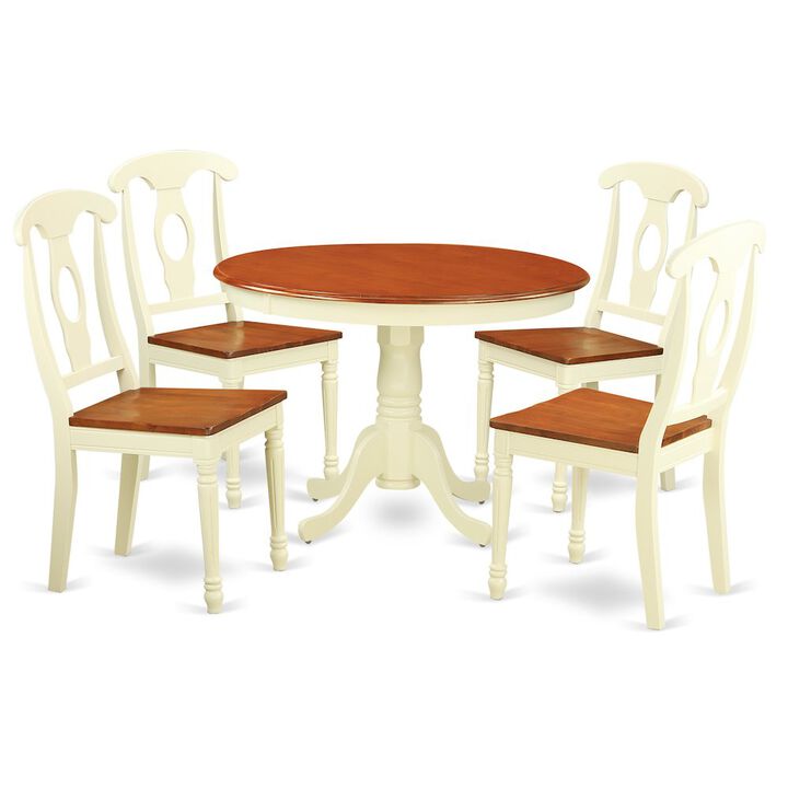5 Pc set with a Round Small Table and 4 Wood Dinette Chairs in Buttermilk and Cherry .