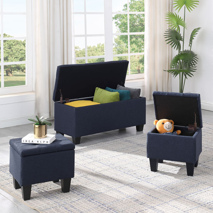 Large Storage Ottoman Bench Set, 3 In 1 Combination Ottoman, Tufted Ottoman Linen Bench