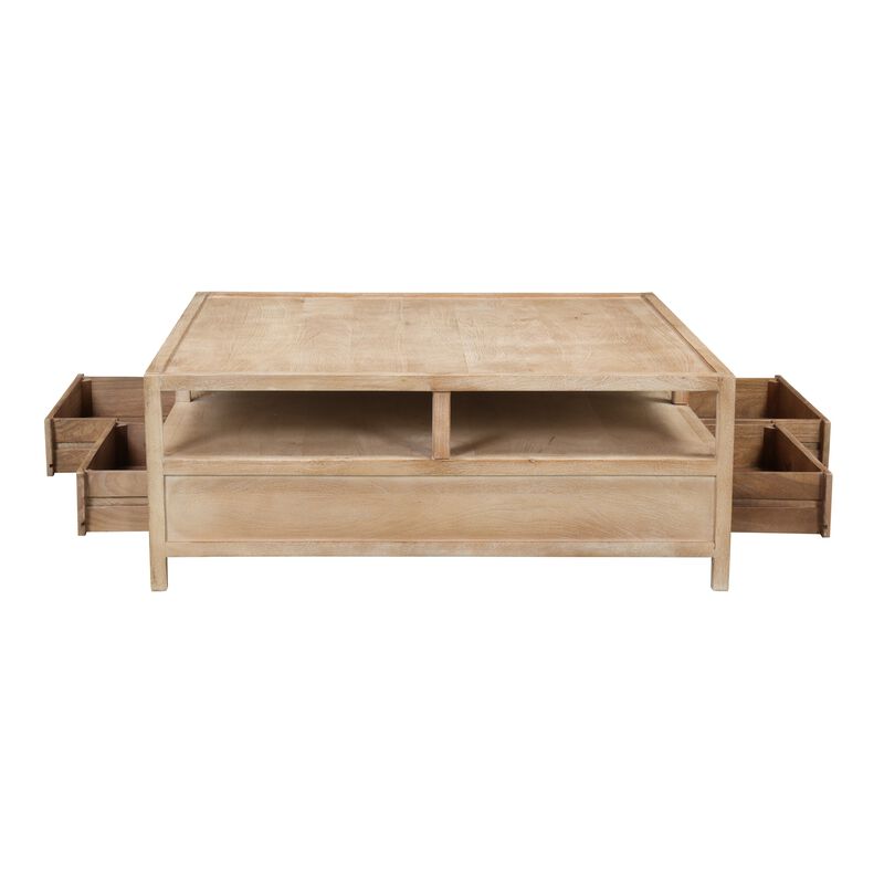 Hika 45 Inch Square Coffee Table, 4 Storage Drawers and Open Shelf, Light Brown Mango Wood image number 2