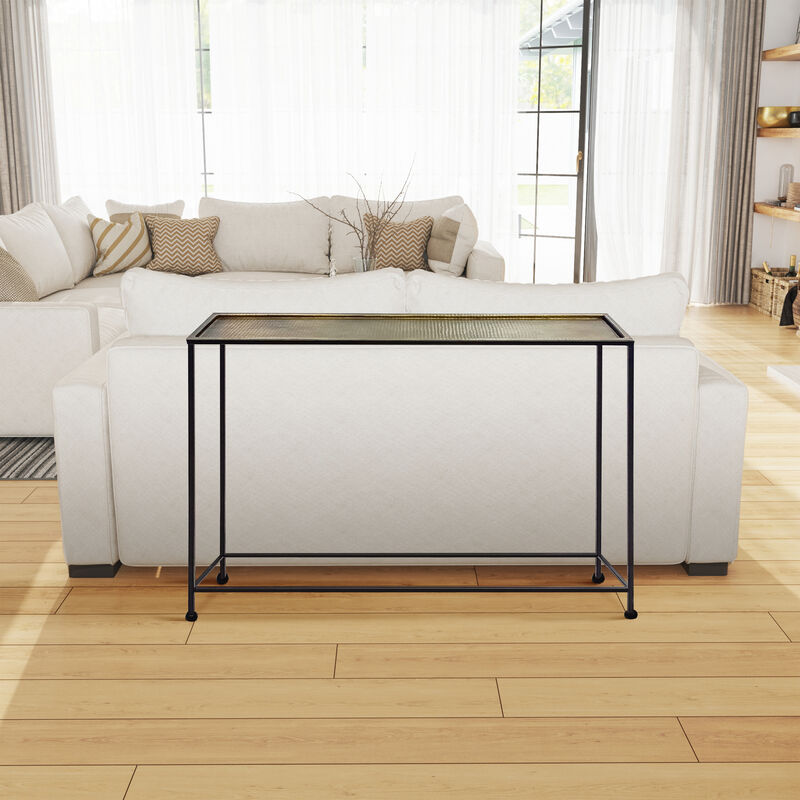 Aurelia 48 Inch Console Sofa Table, Artisanal Hammered Antique Bronze Tray Top, Industrial Black Iron Frame