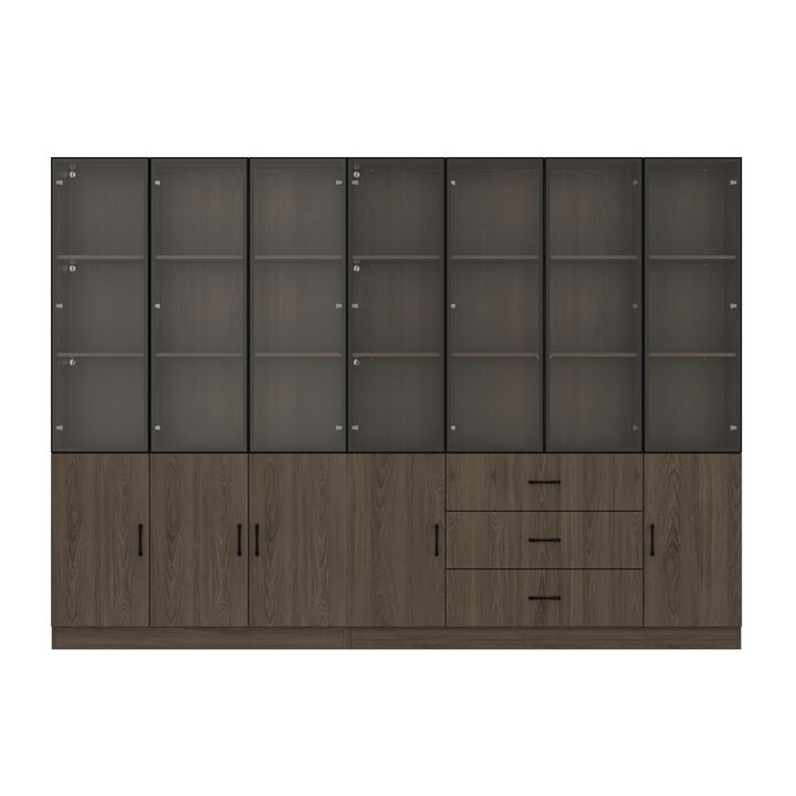 FUFU&GAGA Modern Wood Grain Display Storage Cabinet with Glass Doors, Wood Doors, and Drawers, Multi-Compartment Showcase with Hidden Storage and LED Lighting, (110.2 in. W x 15.7 in. D x 78.7 in. H), Deep Brown