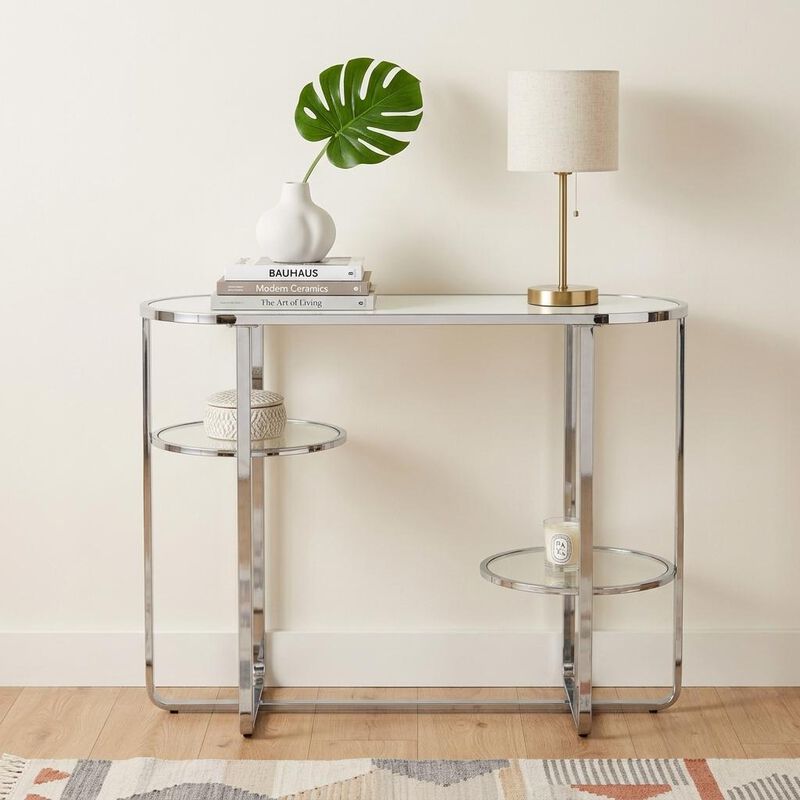 HomeRoots 42" Silver Mirrored Glass and Iron Oval Cross Leg Console Table With Two Shelves image number 1