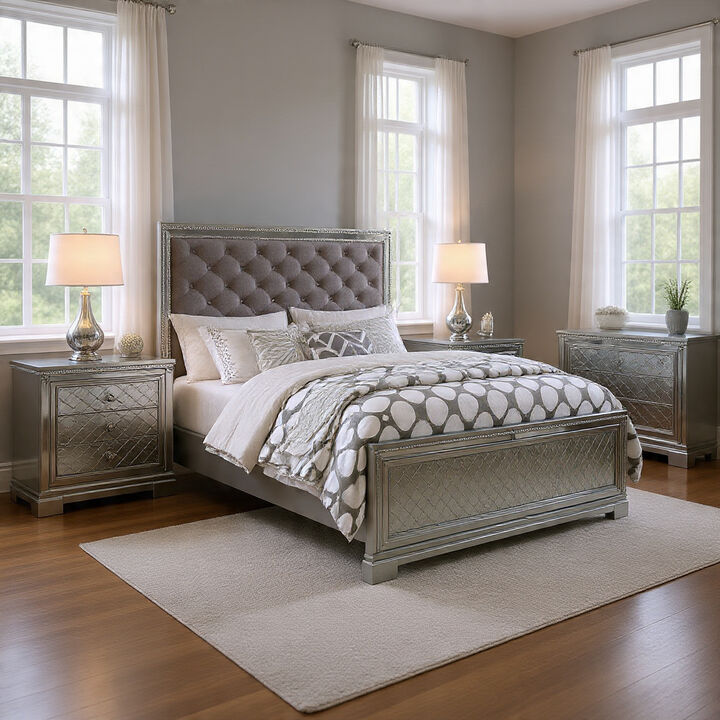 2-Piece Queen Bedroom Set &ndash; Silver Finish Bed & Matching Nightstand