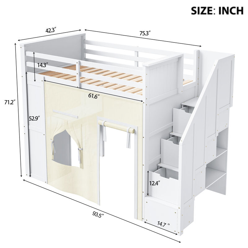 Merax Twin Size White Loft Bed with Desk, Storage Staircase, Drawers & Blackout Curtain image number 4
